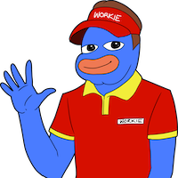 WORKIE mascot waving in a fast food uniform
